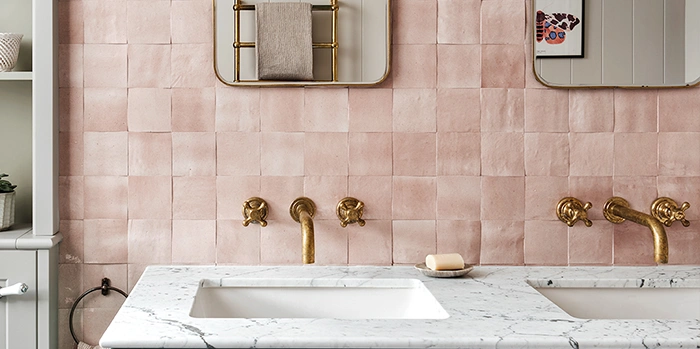 Pink zellige tile bathroom wall